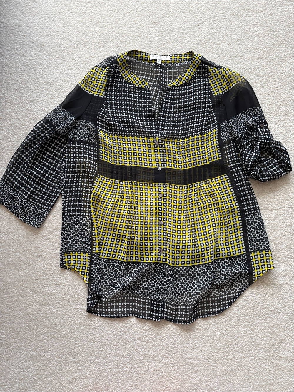 Chaus New York Black White Yellow Geometric Sheer Blouse Pintuck Size S
